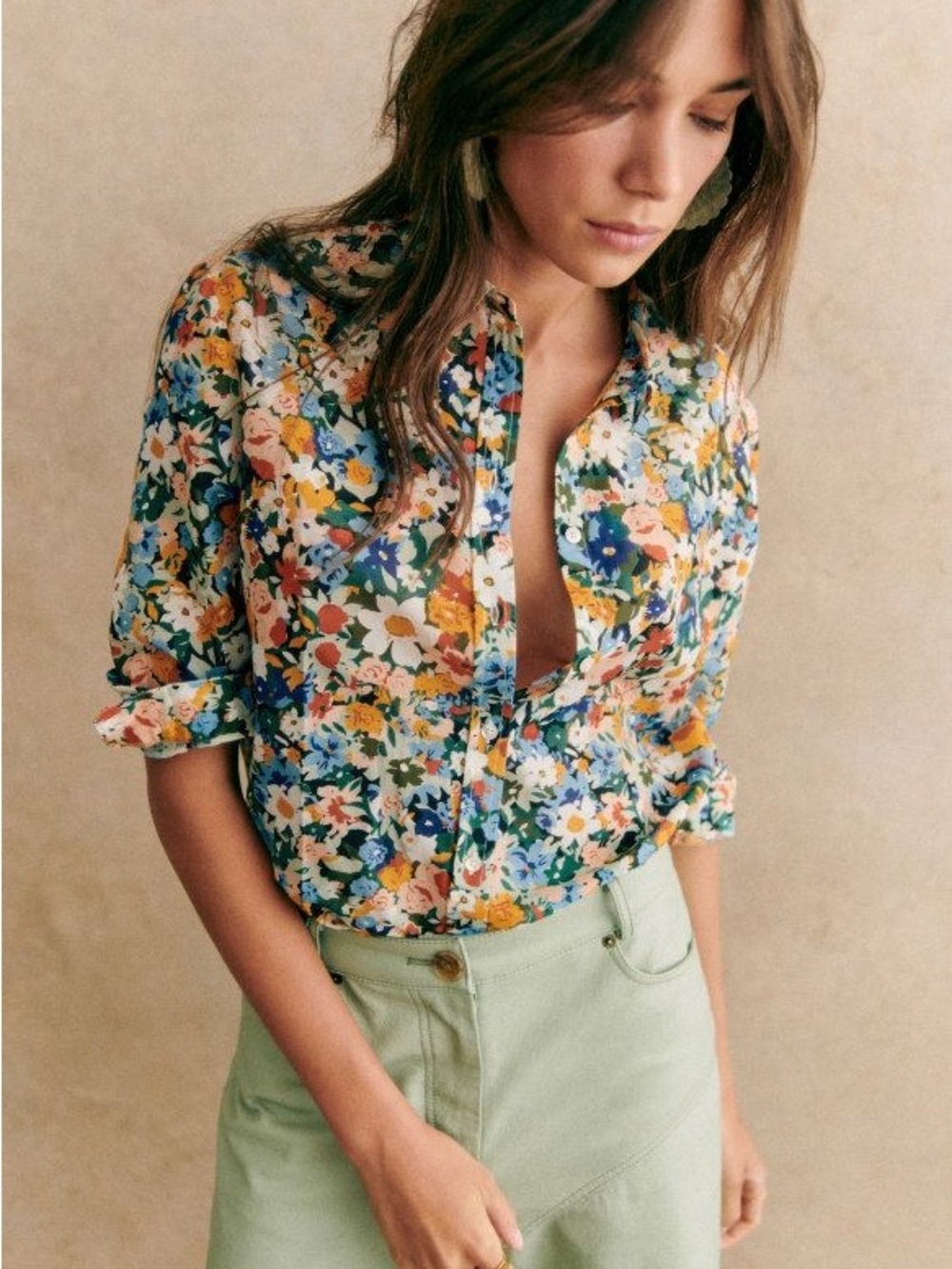 Sezane Floral Pierro Shirt Fall Flowers Button Up Blouse Silk Blue Size Small 36 - Picture 4 of 10